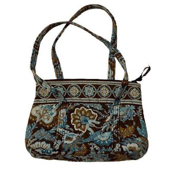 Vera Bradley Brown & Blue Floral Print Cloth Shoulder Bag / Handbag / Purse - Picture 2 of 10